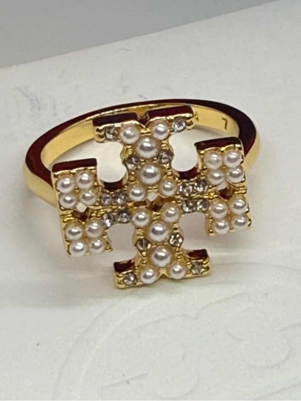 Tory Burch Kira T Gold Pearl Ring NEW $129